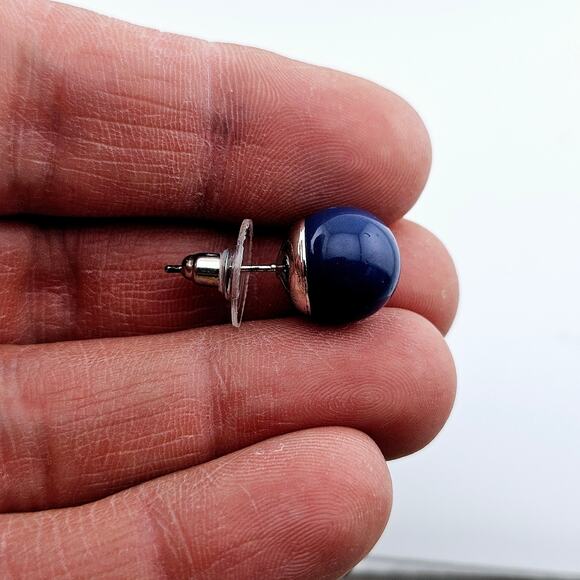 Navy Blue Round Bead Stud Earrings Silver Tone Post Back Classic Simple New - Picture 4 of 5